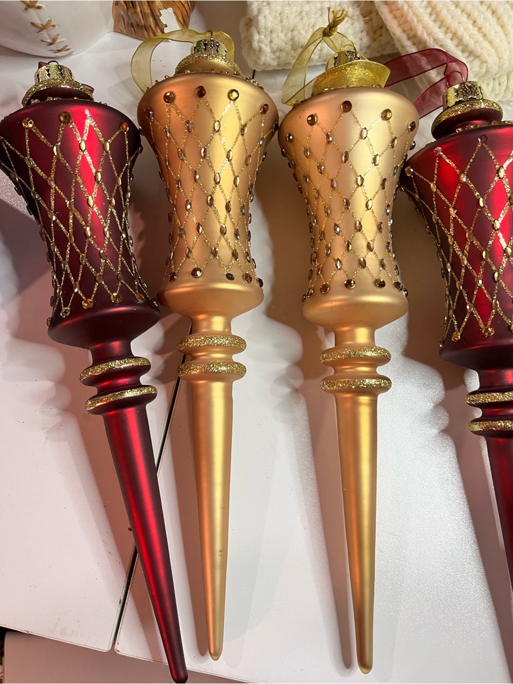 Frontgate Gold and Red Decorative Christmas Finials - Set of 4